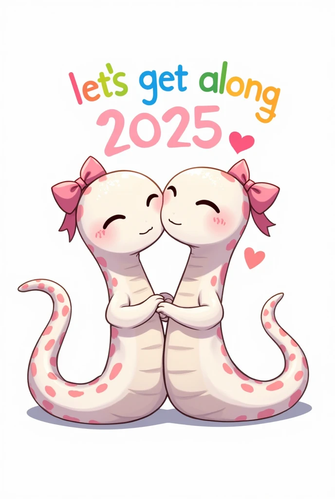 Two very cute white snakes with pink ribbons on their heads are hugging each other, The words "Let's get along 2025" are written in colorful rainbow pastel colors, anime manga illustration, ultra detailed, absolutely resolution, masterpiece