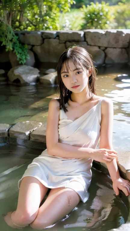 Voroshilov, naked towel, One girl, chest,  towel, large chest, View your viewers, alone, hot spring, chestの谷間, Wet, Sitting, water, blush, Part your lips, smile, clavicle, Thighs, sunlight, bathing, Outdoor, rock, 部分的にwater没した,  