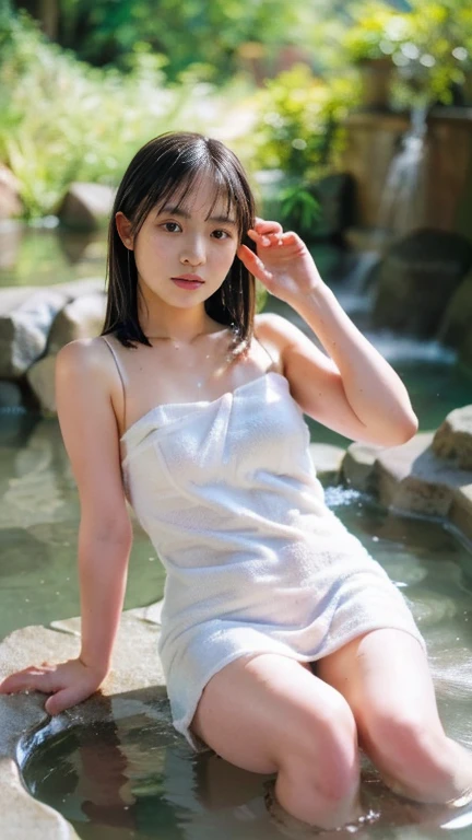 best quality, detailed, beautiful, insanely detailed, absurdres,perfect ???????, Japanese woman,black hair,27 years old, (slender), (small breasts), 
hot spring, blissful, front view, bun hair, (wrapping a bath towel around one's body:1.1), in the hot spring, full body shot, from below