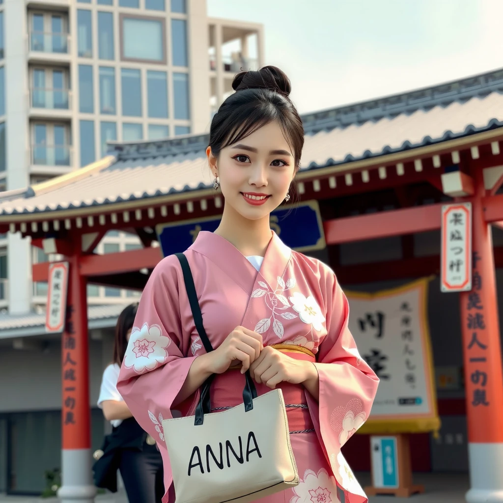 smile, ((pink Japanese kimono)), ((japan shrine)), ((first visit of the year to a japan shrine)), (Holding a bag with “ANNA” written on it with both hands), earring, high resolution, in 8K, prominent areola, RAW  photos in anime colors graphs, top quality, masterpiece, erotic, Knee, Small face, Big Breasted, top quality, high resolution, RAW photos in anime colors, beautiful, 1 person, very cute, Japanese women, is standing, (realistic1.4), photon mapping, realistic, cute, adult female, written border depth, photos in anime colors, body, Nose Soft, no makeup, Sparkling Eyes, detailed mascara, detailed eyelash, detailed eyes, Symmetrical eyes, Glossy lips, too bright natural light, bun hair, brighter sun