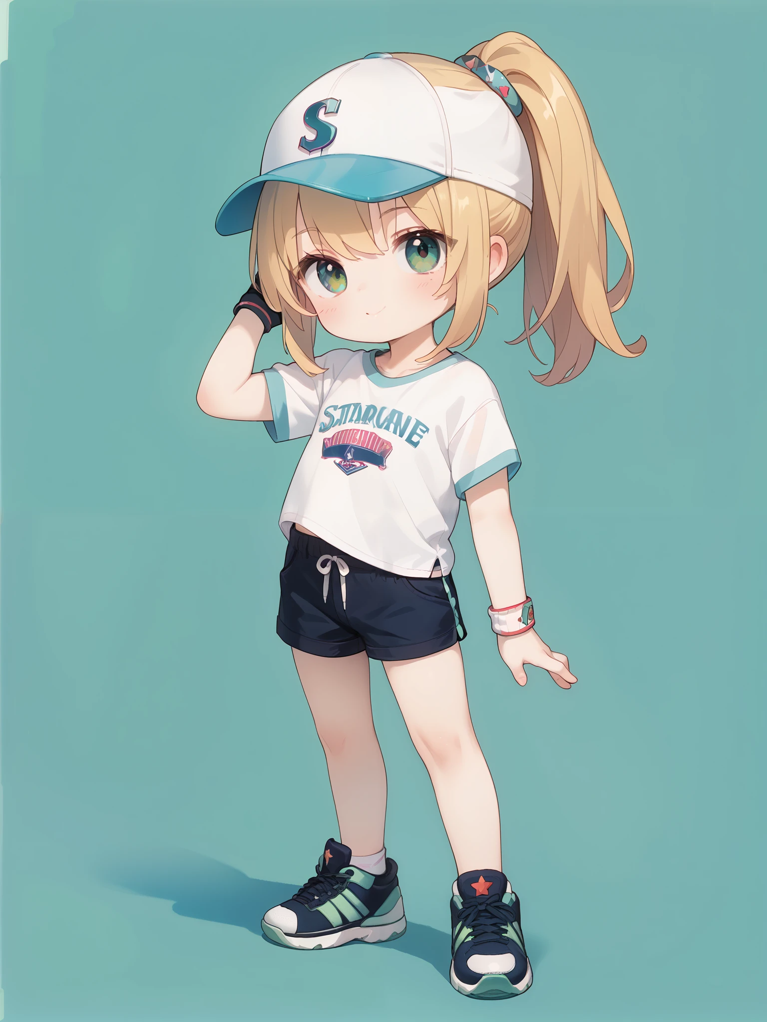 1girl,slant eyes,blonde hair,a ponytail,standing,full body,slim,shorts,t-shirt,baseball cap,chibi,green background,赤のテーマ