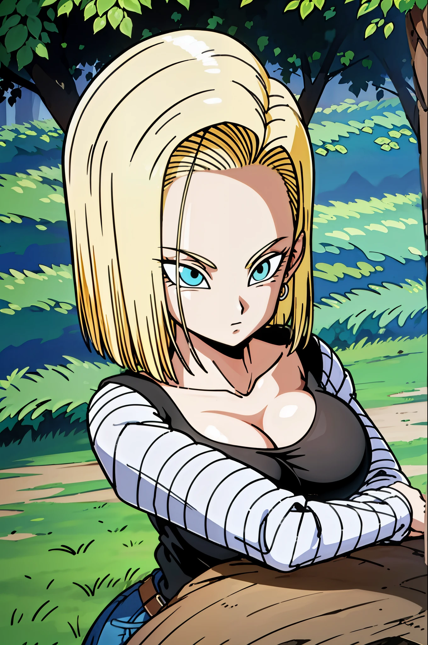 masterpiece, detailed face,
Android 18, Buu-Saga , , 1 girl, Alone, looks at the observer, short hair, blue eyes, blonde hair, collarbone ,
Field, trees,((Gigantic :1.2)),cleavage, Forest, upper body, lying on Field, hovering,
in the air,
black shirt , Langarm, striped sleeves , Creolen, Shoes, orange socks , belt, high waisted pants,