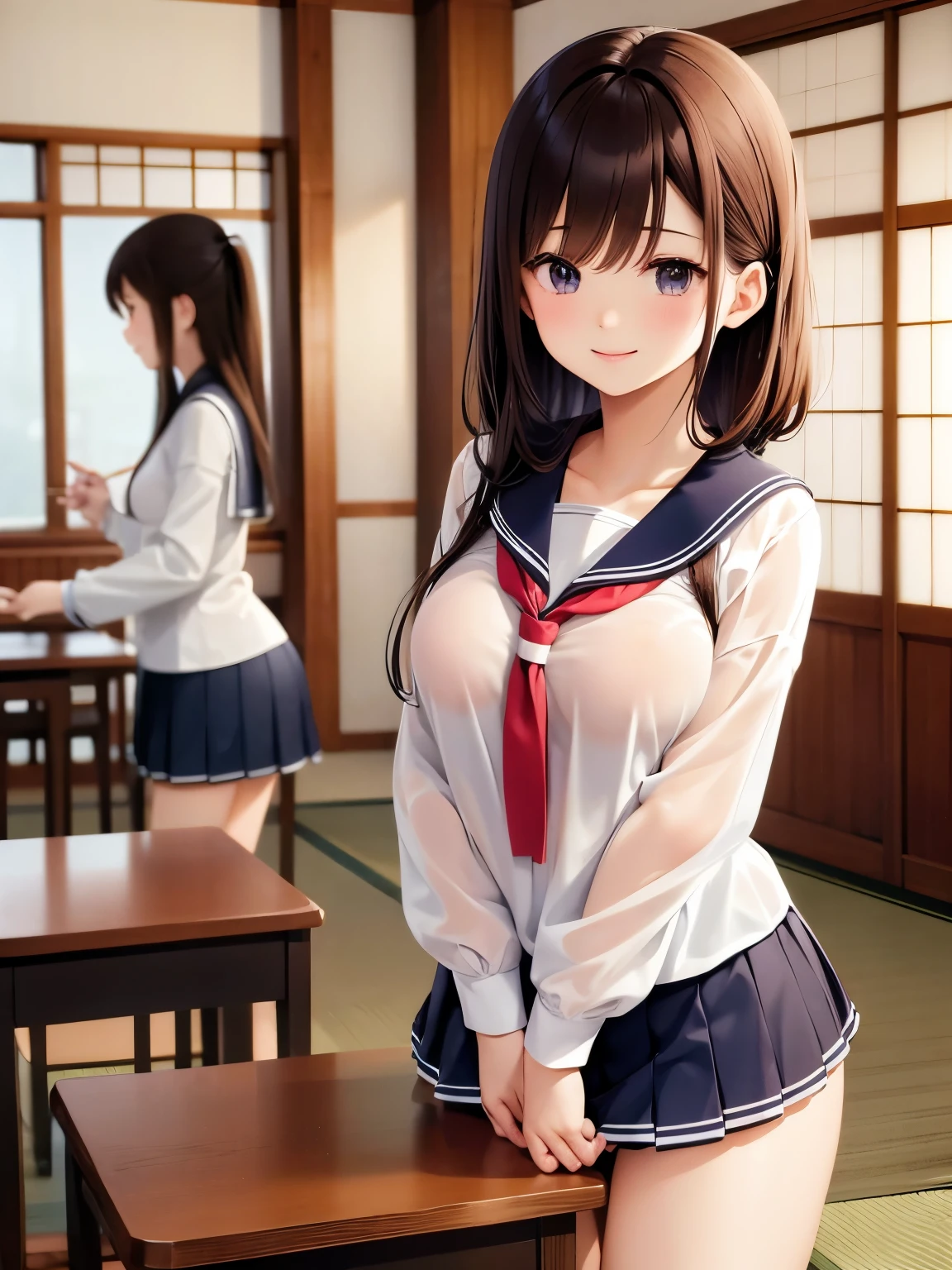 top quality,8k,smile,White sheer blouse、 Japanese high school uniform 、 , high school girl,Multiple girls are depicted 、classroom、machine