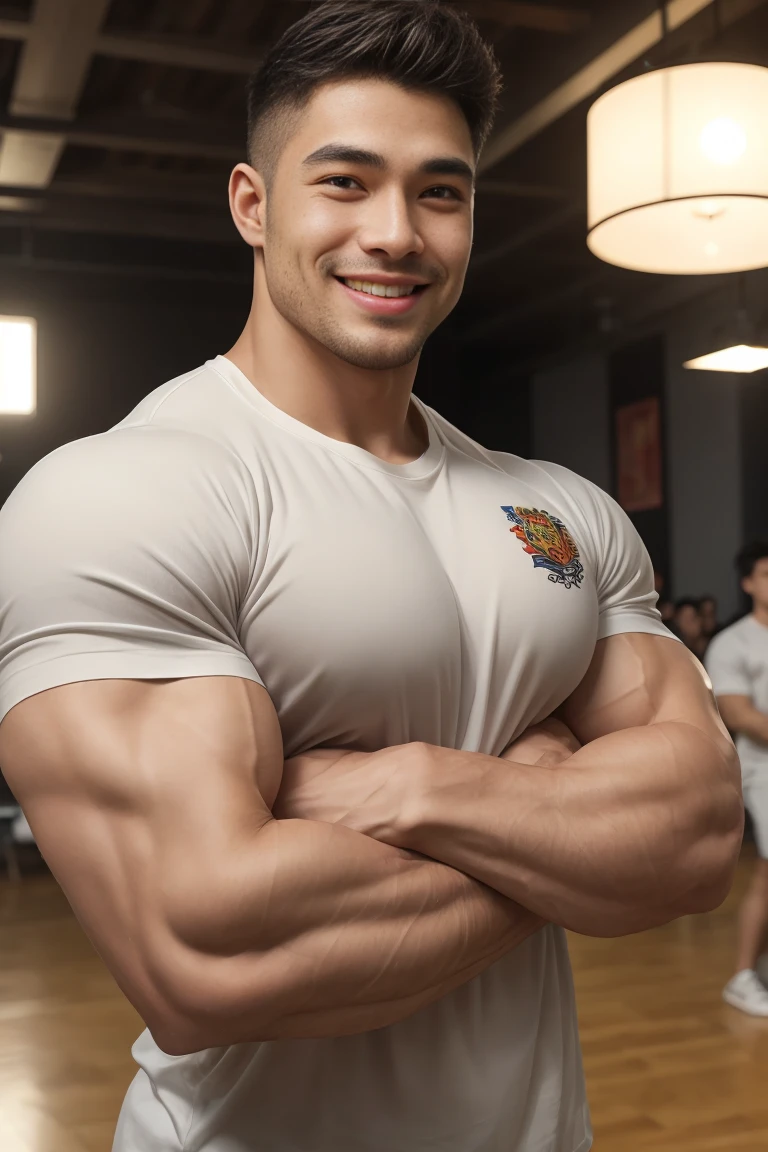 korea male male model sit on the table , big muscles, handsome, cool, smoothly combed hair, pierced ears, wearing a t-shirt navy top, holding a lollipop, portraiture, modeling, dynamic pose, Japanese street, late at night, store lights trade, full half body shot, smile open mouth, fullbody