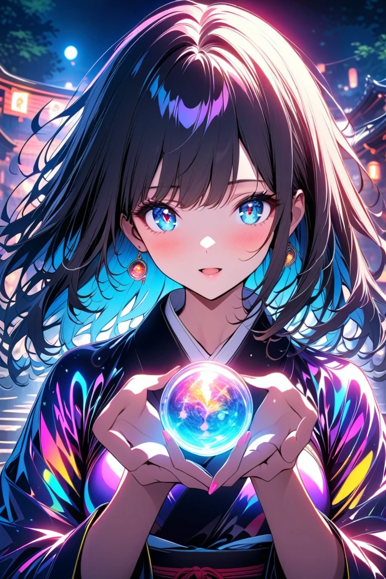 realisticlying、Masterpiece quality、best qualtiy、offcial art、Beauty and aesthetics:1.2、Very detailed fractal art、Colorful abstract background、Kizi、Kamimei、The color hair、long whitr hair、luminous red eyes、Mysterious magic、Girl of Ice and Fire,Blue and white color scheme