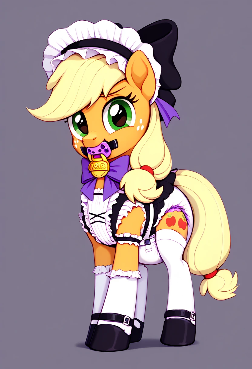  earth pony in private , adult mare, Applejack ,  on top of them, most of the mane is wrapped in a dark light bonnet with white trim on the edges , there is a small pigtail on the back with two bows ,  purple eyes, stands on four hooves ,  wide open back hooves ,  dressed in an ornate official black and white maid outfit with ruffles and ruffles and a short skirt,  on the neck there is a steel collar with a purple tint and a bell ,  white stockings and black booties over hoof socks ,  big white pacifier mouth gag with straps , thick diaper under clothes,  on top of the diaper, black plastic panties with a white steel belt , solo,  simple background.