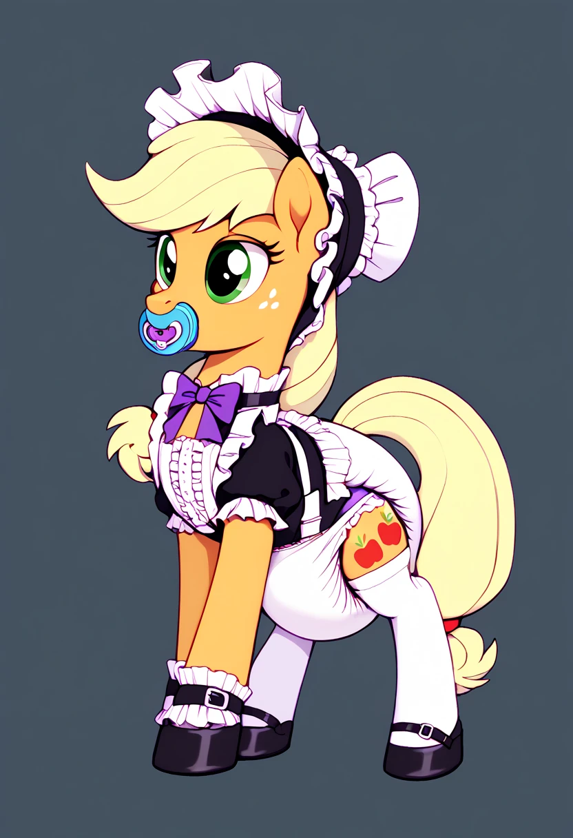  earth pony in private , adult mare, Applejack ,  on top of them, most of the mane is wrapped in a dark light bonnet with white trim on the edges , there is a small pigtail on the back with two bows ,  purple eyes, stands on four hooves ,  wide open back hooves ,  dressed in an ornate official black and white maid outfit with ruffles and ruffles and a short skirt,  on the neck there is a steel collar with a purple tint and a bell ,  white stockings and black booties over hoof socks ,  big white pacifier mouth gag with straps , thick diaper under clothes,  on top of the diaper, black plastic panties with a white steel belt , solo,  simple background.