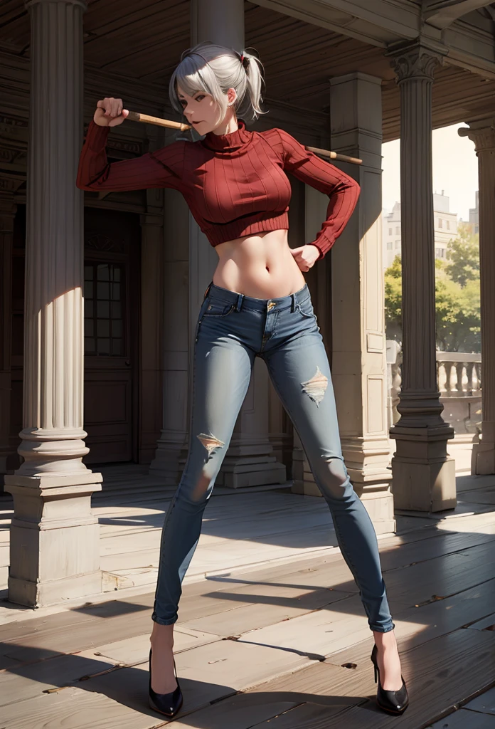  gray-haired , ( Woman in a red tight sweater),  low-rise jeans ,  showing navel , ((( pillar of shame ))), beautiful belly, punches on the butt with a stick 