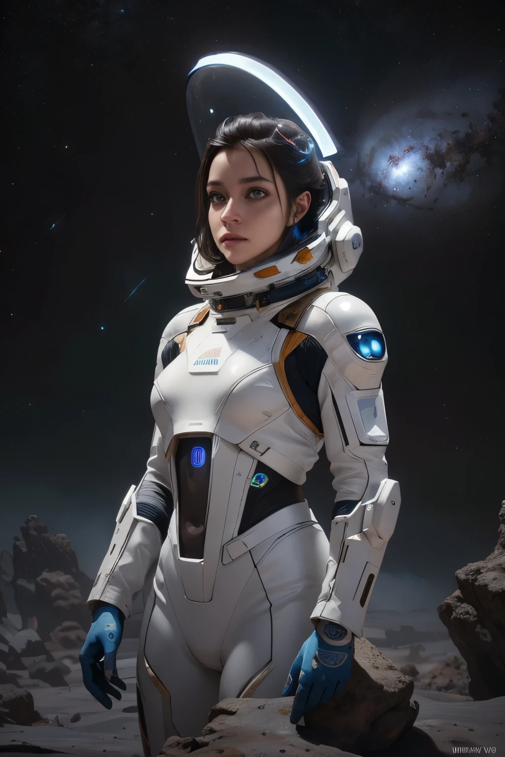 a futuristic space exploration scene, wearing a white spacesuit, beautiful detailed eyes, beautiful detailed lips, extremely detailed face, long eyelashes, astronaut holding a high-tech device, advanced alien spacecraft in the background, floating rocks and debris, colorful nebula, digital art, cinematic lighting, vibrant colors, dramatic atmosphere, highly detailed, 8k, photorealistic, concept art style