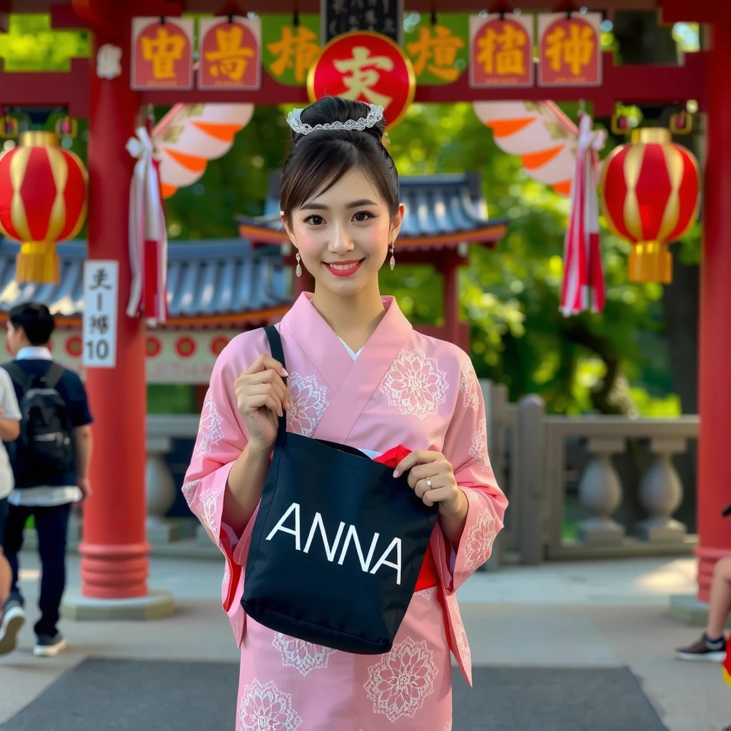 smile, ((pink Japanese kimono)), ((japan shrine)), ((first visit of the year to a japan shrine)), (Holding a bag with “ANNA” written on it with both hands), earring, high resolution, in 8K, prominent areola, RAW  photos in anime colors graphs, top quality, masterpiece, erotic, Knee, Small face, Big Breasted, top quality, high resolution, RAW photos in anime colors, beautiful, 1 person, very cute, Japanese women, is standing, (realistic1.4), photon mapping, realistic, cute, adult female, written border depth, photos in anime colors, body, Nose Soft, no makeup, Sparkling Eyes, detailed mascara, detailed eyelash, detailed eyes, Symmetrical eyes, Glossy lips, 目の下にほくろ, too bright natural light, bun hair, brighter sun