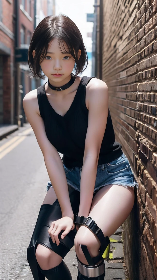 Top image quality、Raw photography、超A high resolution、Cute girl at 18 years old、Shooting for one person only、round breast、Black tank top、short trousers of black color、Beautiful Eyes of Details、very elongated eyes、Beautiful eyelashes、Beautiful double eyelids、white walls、Beautiful waist、very slender legs、a short bob、slender physique