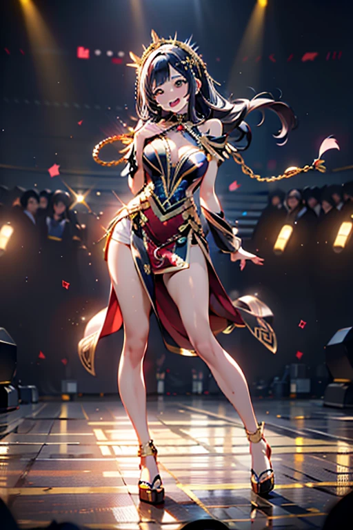 Highly detailed, High Quality, Masterpiece, beautiful, TifaOG, Pink dress, black dress, mini dress, idol, 1girl, solo, stiletto, light smile, red eyes, medium breast, wide hips, adult, mature