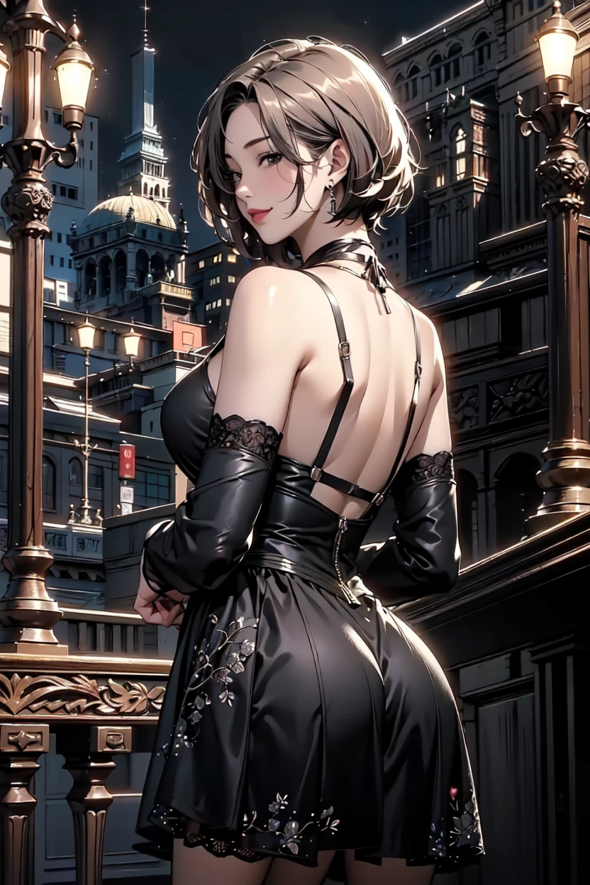 "Extremely detailed CG Unity 8K wallpapers , Elizabet,photograph from behind, tight dress, focus on ass, masterpiece,outdoors,charming,best picture quality,Volumetric light,Black hair,Face turned red,Smile,Off the shoulder dress,Bangs cover one eye,looking at camera