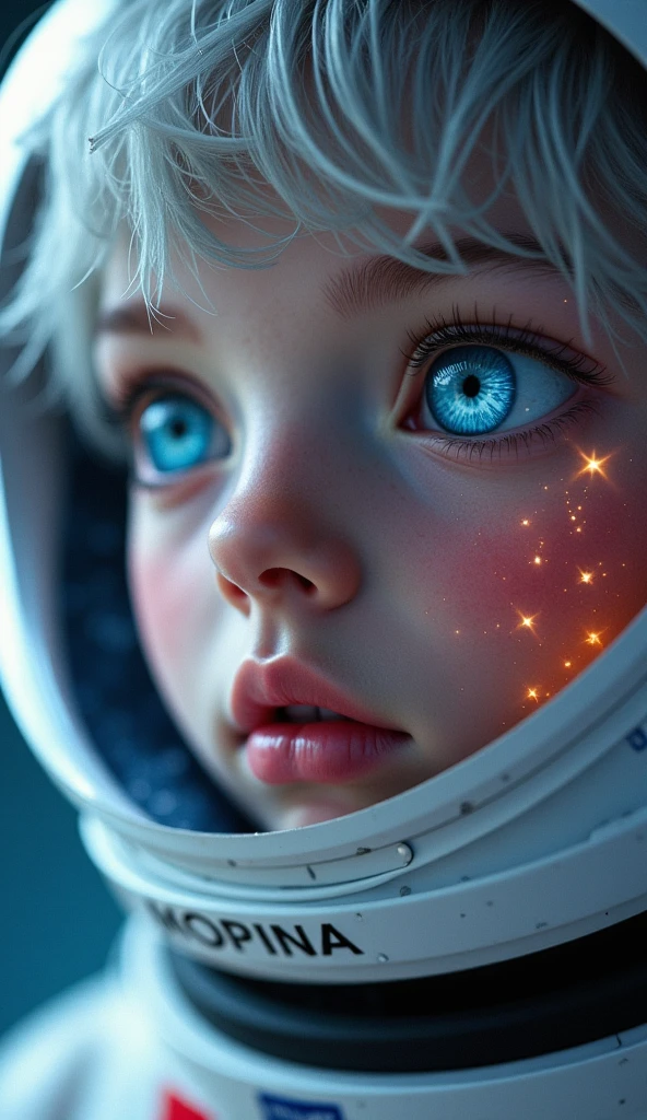 (Close-up of a better masterpiece:1.5)0.9], (Space and astronauts:1.2) (Messy silver hair:1.1) (Heterochromia xanthochromia and blue eyes:1.2) (Space Helmet:1.0) (Colored stars in the eyes:1.0) (A radiant glow:1.1) (thick lips:0.9)