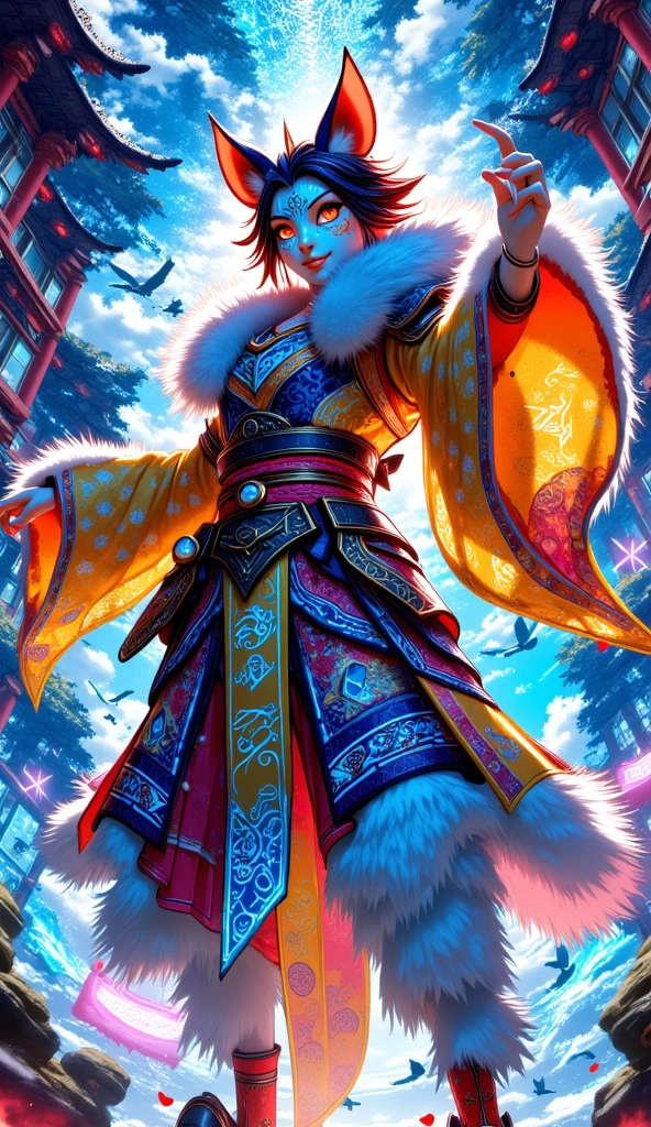 ((Masterpiece)), (best quality), (illumination glow line art style), shot from above, a **girl** depicted solo in a dynamic pose, exuding grace as a **kemono-style dancer**. She has a **beautiful kemono face**, with **real fur skin glowing with illumination**, wearing an intricately designed **Japanese colorful kimono** that sways with the movement. A stunning **glow fur** wraps around her neck, adding to her ethereal appearance.

The composition is enhanced with a glowing, vibrant effect, with a **neon green pen overlay**, writing **“2025 Happy New Year”** in sleek, fluid script. The overall aesthetic blends traditional and fantastical elements, bringing the character to life in an otherworldly, celebratory atmosphere. **(kemono dancer, glowing fur, colorful kimono, neon text, glowing effects, festive atmosphere)**.  