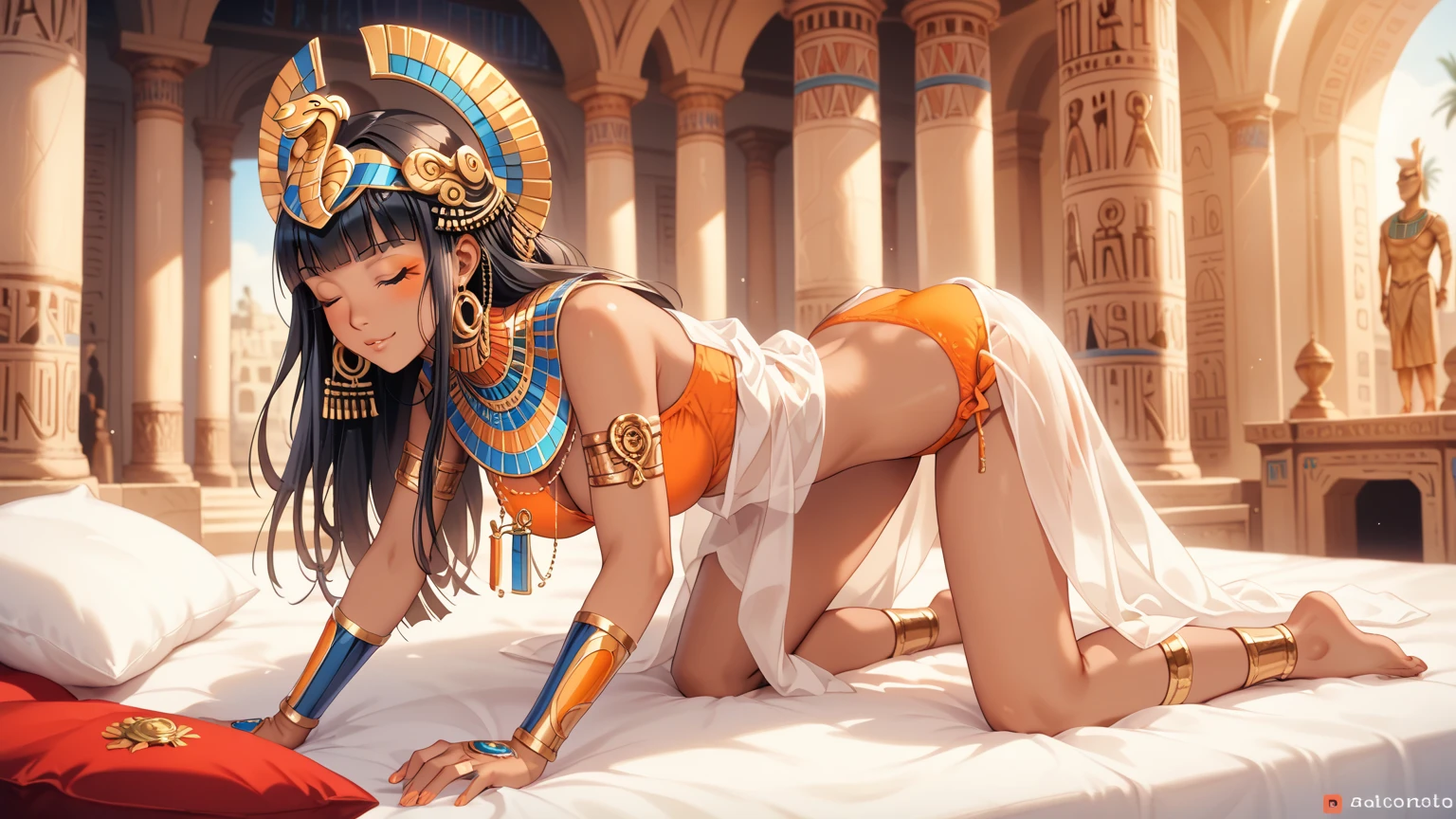 rating_safe, score_9, score_8_up, score_7_up, source_anime, masterpiece, best quality, solo, 1girl, wondering face, firm breasts(she is wearing dark red orange black gold design, egyptian Horus Goddess, Ancient Goddess, pastel orange panties) ( she is all fours on the bed, closed eyes, front side view) ,see but and hip best quality, high definition, anatomically correct, Very detailed, Ultra High Definition, textured skin, Sharp details,