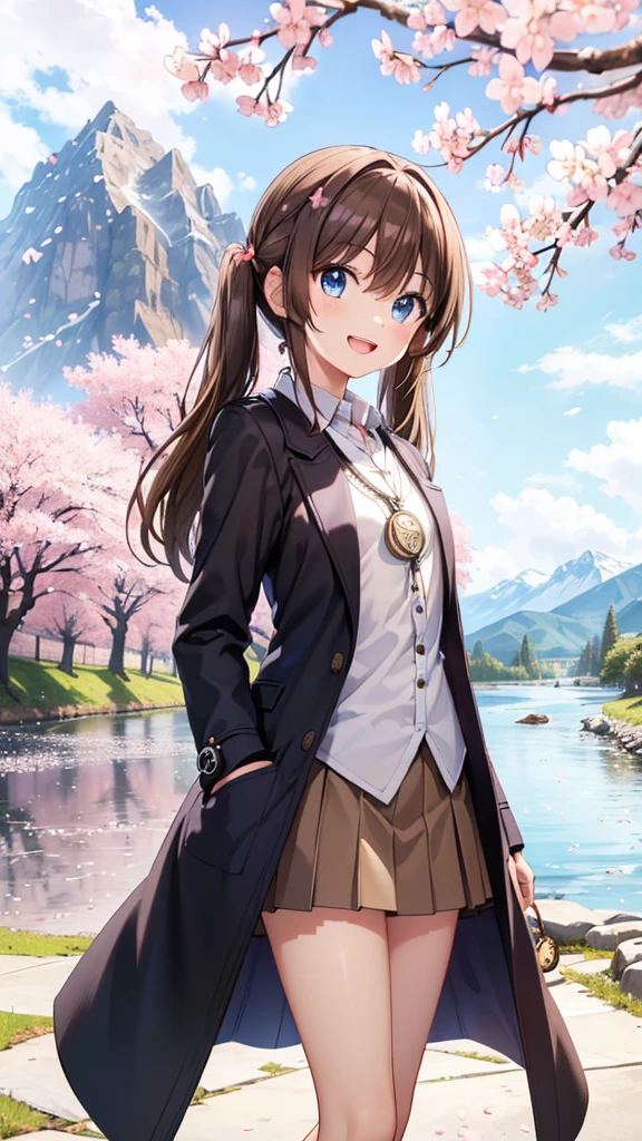 very beautiful teenage girl,(16k, super high resolution , top quality,masterpiece, super detailed, Highly Detailed Facial Features,  perfect face,  Perfect Eyes , anatomically correct body), Straight hair& high twintail,blue eyes, hair between eyes, ((light brown hair:1.3)), school uniform, white shirt,break,brown pleated skirt,break, purple tie,black coat, Tree Eyes,((:d:1.3)),((cherryblossom tree:1.3)),((mountain & small river at the back of the screen:1.3)),front shot, looking at camera,standing on stone bridge,looking up, lots of small birds flying in the sky,((Pocket watch:1.3))