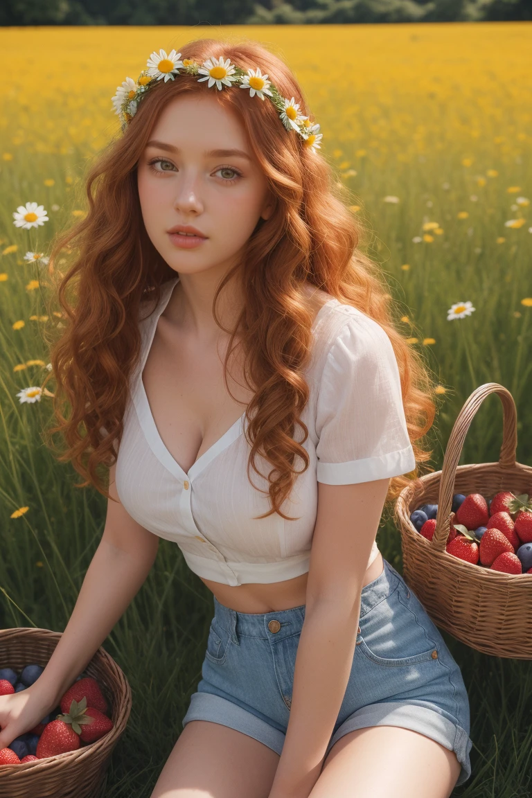 girl without clothing , pink nipples, tiny boobies, alone, (long ginger curly hair:1.1), brown eyes, Wearing a daisy wreath on your head, Sit in a daisy field, (fruit basket:1.1),raw,photographic,photo shadows,actual,Ridiculous,Aesthetic,elegant, bare skin, birthday suite, bare bum, knees open wide to either side showing pink vagina, creampie, youthful young features,