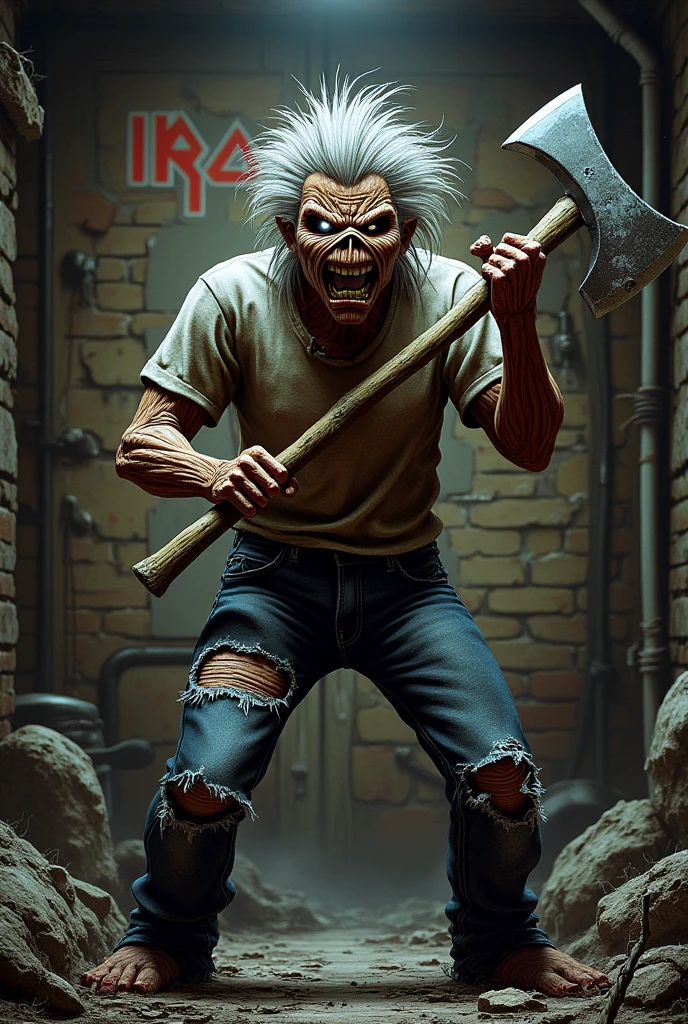  old,  mastery, eddie,  dressed in ripped and dirty jeans and t-shirt. H olding an axe. Wild Gray Hair. crazy smile. em um beco "Iron Maiden"  sprayed on a brick wall 