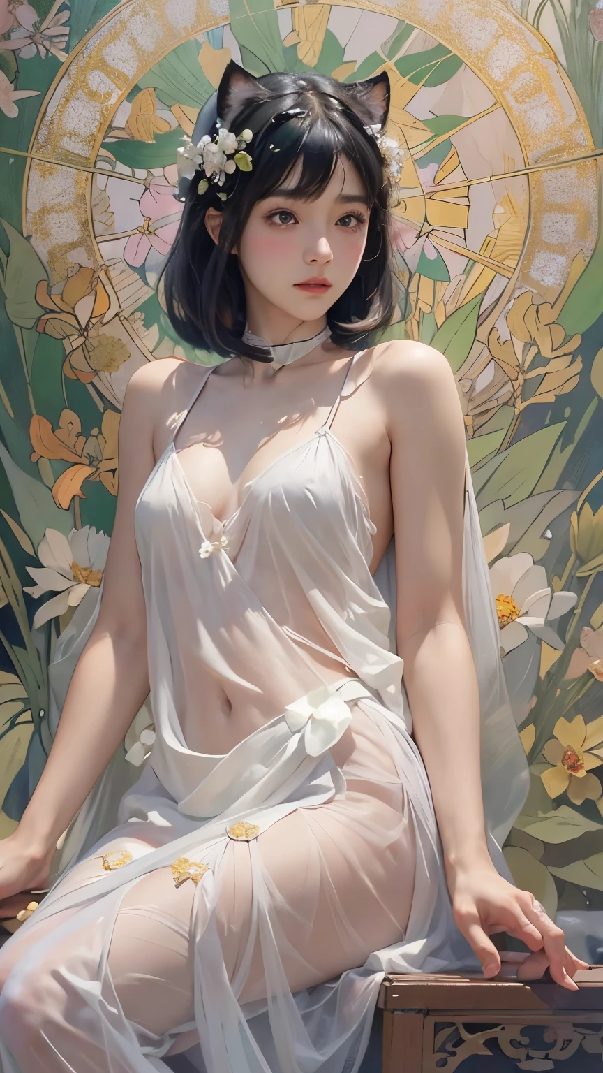      portrait of a young Japanese woman     、    one girl  、18 years old、Alone、( The whole body is projected  )、(Completely naked)、(    。  not facing forward 、Her thin nude body   , See-through silk:1.2)、( Photo from above:1.2)、(    lie down  )、(    Sensual World)、 Beautiful and attractive 、    embarrassed face   、       has a face standing on the floor、      DETAILED FACE DESCRIPTION     、  fill me with your strong eyes  、    black hair、   shaded short hair、   semi-long、   bob cut、 hair bang、   hair accessories、(cat ears)、   black cat costume 、   White cat costume      、   choker  、(Sheer Chiffon Lingerie  )、   sexy mini dress、  small breasts、   with two ears hidden in her hair 、Moist Skin  、Cinematic Light、Soft light、(    soft focus   )、(Bokeh:1.2)、break(   Colorful Flowers  々Surrounding  )、Decoration、(Particles of light)、(Shine)、light、(    fractal art  )、(       great background       )、(Aesthetic World)、(  Alphonse Mucha style)、(   Edmund Leighton Style    )、(    David Hamilton style    )、(    Top Quality , masterpiece,        High Definition      )、8k、    wallpaper