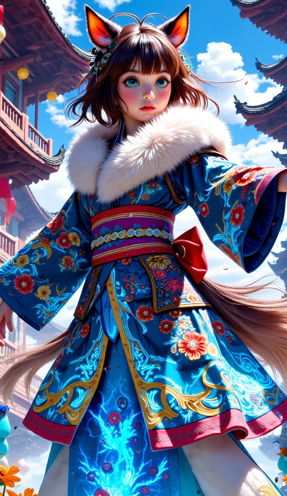 ((Masterpiece)), (best quality), (illumination glow line art style), shot from above, a **girl** depicted solo in a dynamic pose, exuding grace as a **kemono-style dancer**. She has a **beautiful kemono face**, with **real fur skin glowing with illumination**, wearing an intricately designed **Japanese colorful kimono** that sways with the movement. A stunning **glow fur** wraps around her neck, adding to her ethereal appearance.

The composition is enhanced with a glowing, vibrant effect, with a **neon green pen overlay**, writing **“2025 Happy New Year”** in sleek, fluid script. The overall aesthetic blends traditional and fantastical elements, bringing the character to life in an otherworldly, celebratory atmosphere. **(kemono dancer, glowing fur, colorful kimono, neon text, glowing effects, festive atmosphere)**.  