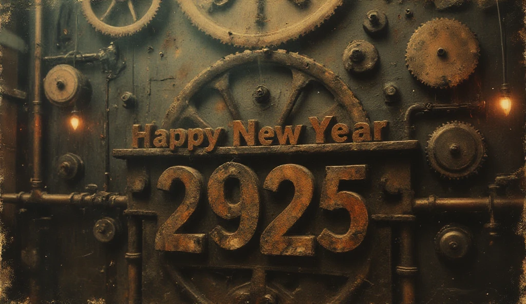 (best quality, 128k, highres, masterpiece:1.2), ultra-detailed, (realistic, photorealistic, photo-realistic:1.37), ((masterpiece)) ((photography)) ((Highest quality))  Create a steampunk-themed New Year's 2025 scene featuring intricate gears and clockwork mechanisms. The background is filled with large, spinning gears and cogs, bathed in a warm golden light. In the foreground, the text 'Happy New Year 2025' is crafted from metallic lettering intertwined with copper pipes, steam vents, and glowing lights. The scene has a mechanical, industrial vibe with a vintage touch, showcasing the fusion of time and technology in a festive steampunk style