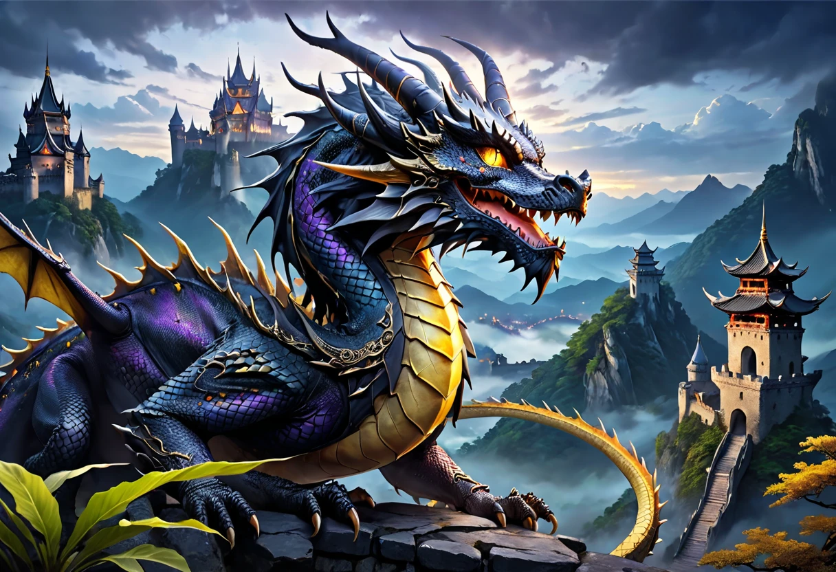 
masterpiece, Best Quality, Super detailed,anime,8k, Giant Dragon Fantasy Art ,
  BREAK 
The wings of dragons are huge and spread、紫色の膜 visible ,
 Dragon scales are jet black like black iron ,
 The dragon's mouth is open 、鋭い歯 visible ,
 Dragon eyes are sharp yellow with cat eyes ,
Dragons have dorsal fins on their backs ,
 the dragon's tail is long 、 it wraps around the castle ,
  BREAK 
Foggy mountains in the background 々 visible , I can see several castle towers ,
The sky is cloudy.、 it has a dark atmosphere , Mysterious and fantastic night scenery ,