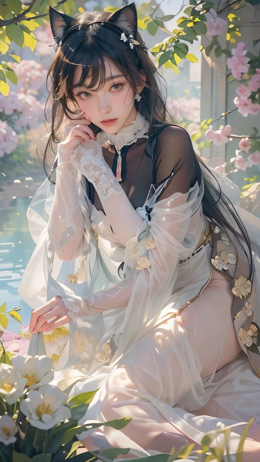Classical Chinese beauty,Long flowing black hair,standing in a pond,Exposed in white tulle,crisp breasts , fully body photo(Abstract gouache splash:1.2), Pink petal background,Pink and white lotus flowers fly(realisticlying:1.4),Black color hair,Fallen leaves flutter,The background is pure, A high resolution, the detail, RAW photogr