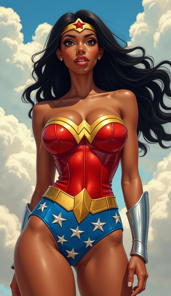 photographic portrait of a beautiful 25-year-old black woman, Supergirl, colorful and realistic round eyes, dreamy magical atmosphere, superheroine costume, (medium breasts: 1.3), tanned,