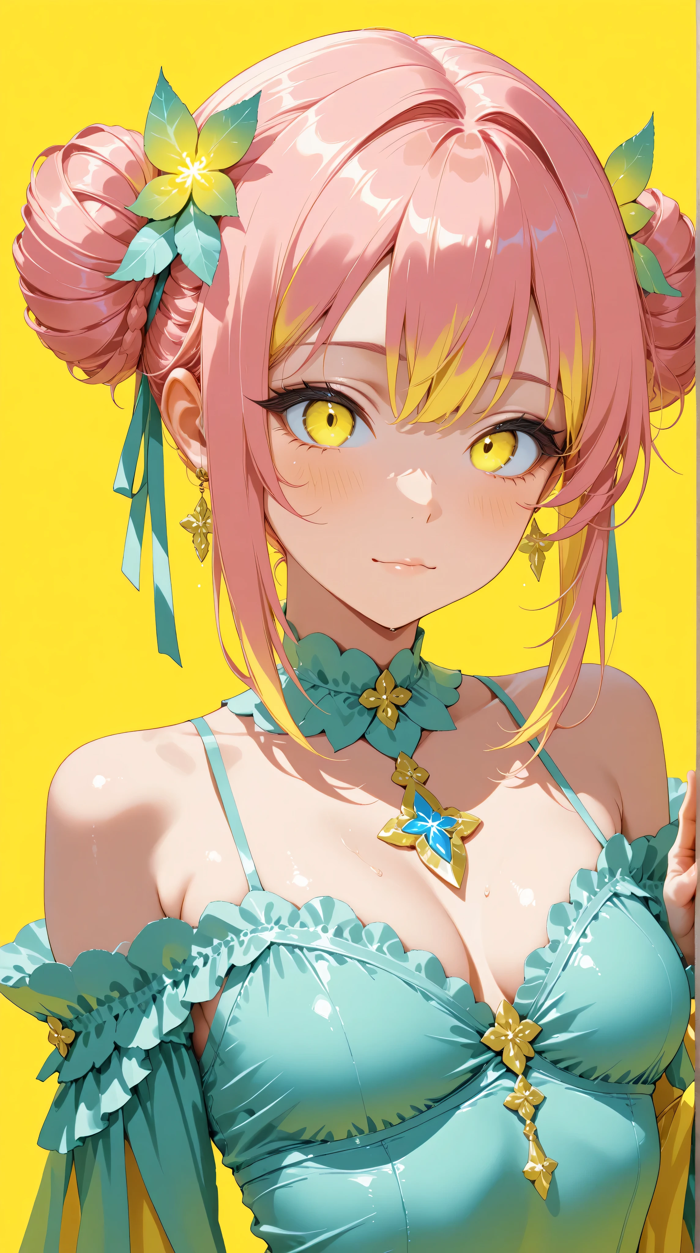 Kizi,Highly detailed, Amazing work,Vitreous luster,((clean backdrop)),In green,(((yellow colors))),blue color,pink colour,Best quality at best,clean backdrop。small breasts, cleavage,