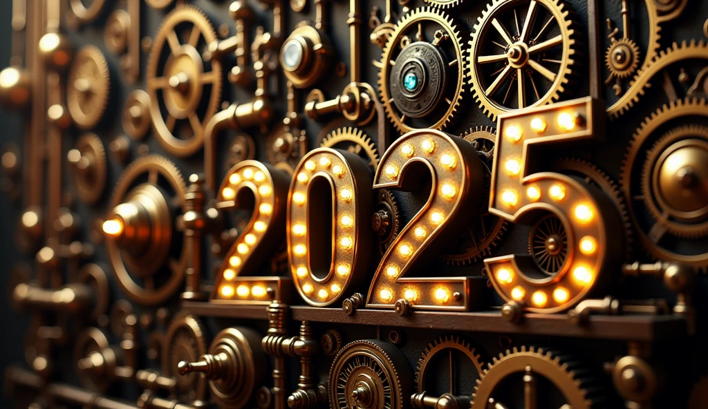 (best quality, 128k, highres, masterpiece:1.2), ultra-detailed, (realistic, photorealistic, photo-realistic:1.37), ((masterpiece)) ((photography)) ((Highest quality))  Create a steampunk-themed New Year's 2025 scene featuring intricate gears and clockwork mechanisms. The background is filled with large, spinning gears and cogs, bathed in a warm golden light. In the foreground, the text 'Happy New Year 2025' is crafted from metallic lettering intertwined with copper pipes, steam vents, and glowing lights. The scene has a mechanical, industrial vibe with a vintage touch, showcasing the fusion of time and technology in a festive steampunk style