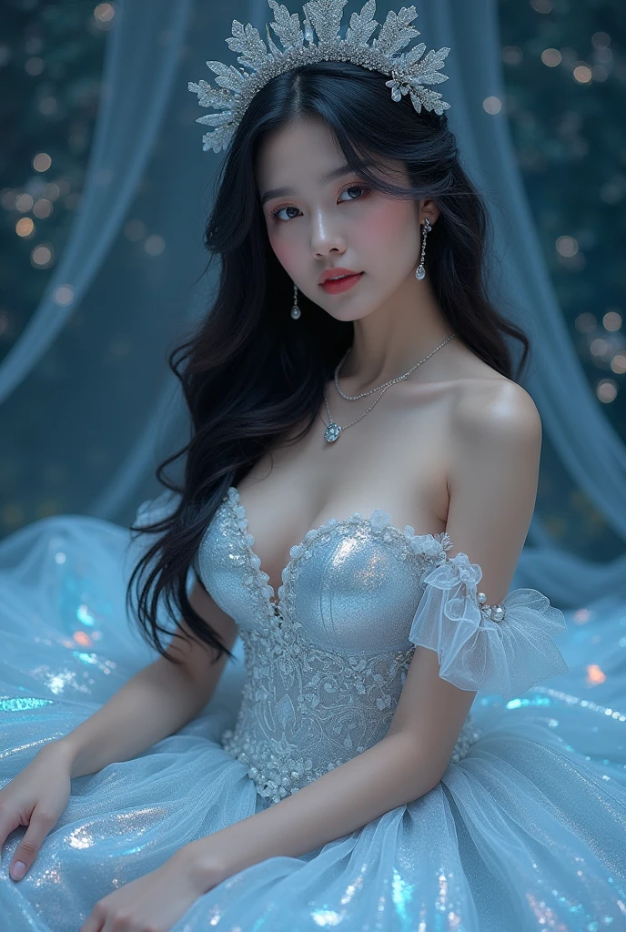 ((Highest quality、Flying debris、8k、Best image quality、Extremely intricate and detailed))、(The most gorgeous high-end prostitute princess:1.1)、(The most gorgeous prostitute princess&#39; finest outfit:1.1)、The most vibrant and luxurious prostitute costumes、(An unimaginably luxurious goddess&#39; room:1.1)、(Sparkly blue and baby blue princess room:1.1)、The most luxurious purple and pink room、white and pink gemstones、A glittering room decorated with many jewels、Night room、Very intricate decoration、A very transparent goddess&#39; room、Perfect Makeup、Long eyelashes、lipstick、Pink Eyeshadow、Perfect Anatomy、Ultra-high definition glossy skin、Ultra-high definition glossy lips、Ultra HD Hair、Ultra high definition beauty face、Ultra-high definition sparkling eyes、Long Hair、(A beautiful, captivating smile staring at me:1.1) big breast