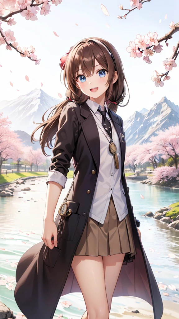 very beautiful teenage girl,(16k, super high resolution , top quality,masterpiece, super detailed, Highly Detailed Facial Features,  perfect face,  Perfect Eyes , anatomically correct body), Straight hair& high twintail,blue eyes, hair between eyes, ((light brown hair:1.3)), school uniform, white shirt,break,brown pleated skirt,break, purple tie,black coat, Tree Eyes,((:d:1.3)),((cherryblossom tree:1.3)),((mountain & small river at the back of the screen:1.3)),front shot, looking at camera,standing on stone bridge,looking up, lots of small birds flying in the sky,((Pocket watch:1.3))