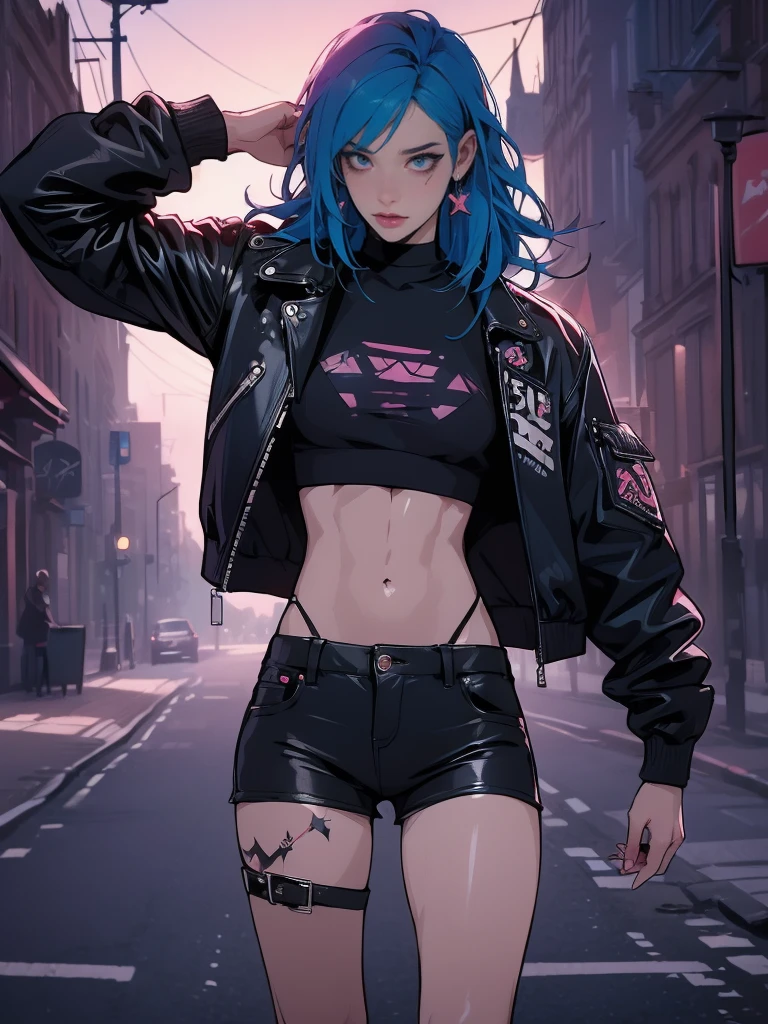 (((of the highest quality: 1.4))),(unparalleled masterpiece ever), (Ultra high definition),(Ultra-realistic 8K CG), offcial art、 (((adult body))), (((1girl in))), , Punk girl with a perfect body, Jacket with metal spines,Beautiful and well-groomed face,,Detailed punk fashion,leather jackets, (Image from head to thigh),(( dark blue hair with black streaks )), Small leather panties, Simon Bisley's urban savage style,Detailed London street background,Clean abs, Complex graphics, Dark pink with white stars and gray and white stripeany poison tattoos )), , chloeprice