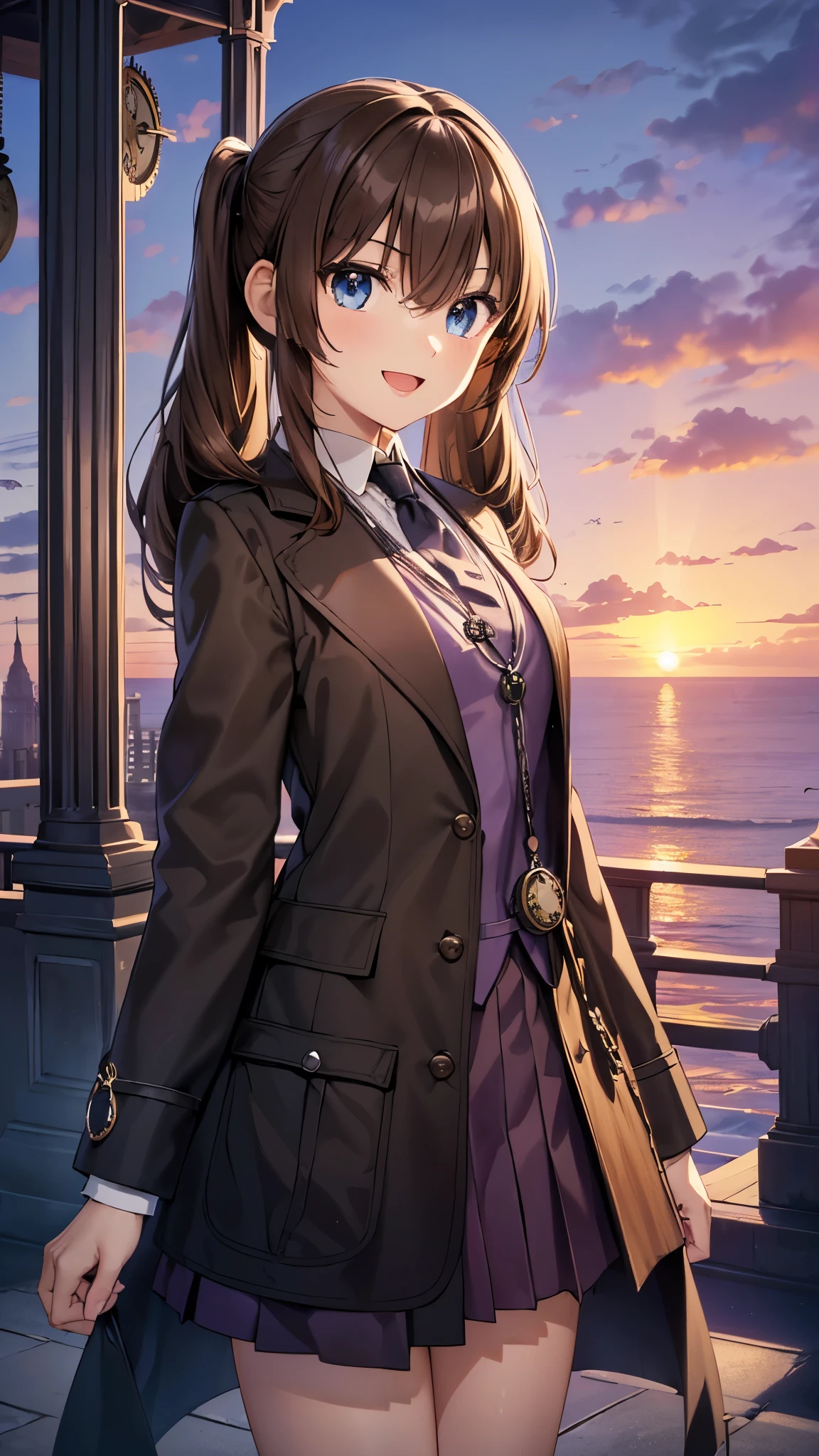 black long coat, very beautiful teenage tall girl,(16k, super high resolution , top quality,masterpiece, super detailed, Highly Detailed Facial Features,  perfect face,  Perfect Eyes , anatomically correct body), Straight hair& high twintail,blue eyes, hair between eyes, ((light brown hair:1.3)), school uniform, white shirt,break,red pleated skirt,break, purple tie, Tree Eyes,((:d:1.3)),(( sunset sky:1.3)),((Ocean and horizon at the back of the screen:1.3)),((clock
tower:1.3)),front shot, looking at camera,standing on stone bridge,looking up, lots of seagulls flying in the sky,evening,((Pocket watch:1.3))