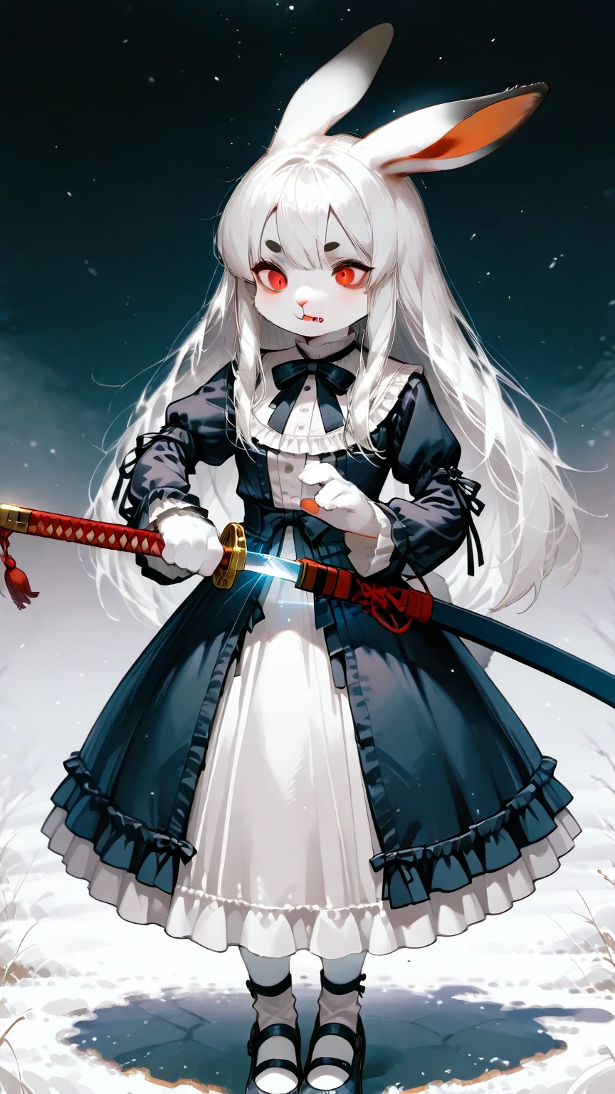 1girl, (furry, kemono:1.3), rabbit, rabbit girl, rabbit ears, solo, iaidow, weapon, katana, holding sword, ready to draw, sheathed, unsheathing, scabbard, dress, red eyes, long hair, fang, lolita fashion, gothic lolita,  masterpiece, best quality