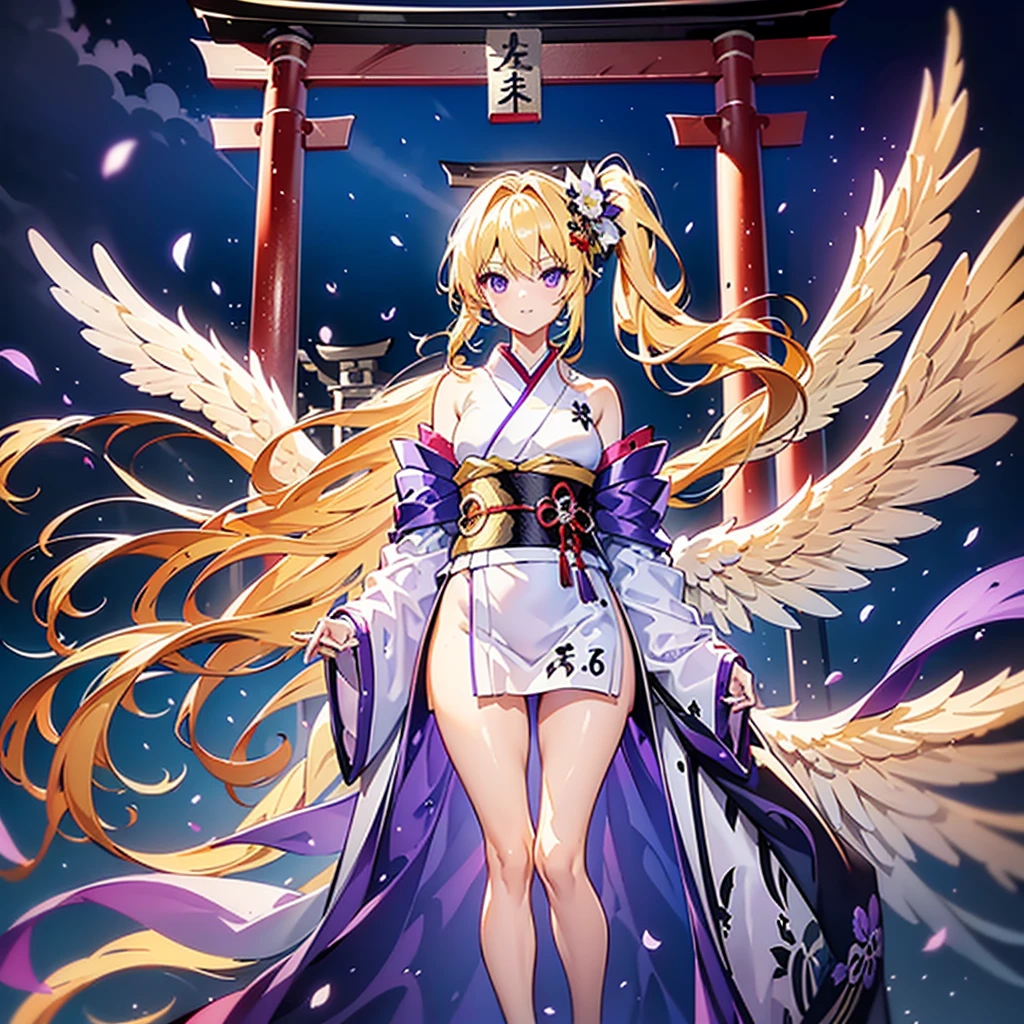 "Game character illustration 1.6,"An elegant kimono in refined shades of white and black,In front of the torii gate of a Japanese shrine, complemented by a bright smile." a ite girl, highest quality 1.3, Alone, (long side ponytail 1.2) ((highest quality)) (((single))) (anatomically correct)  (delicate hands) well-proportioned thighs 1.1, fallen angel, (like) ((large white angel wings)) ((long Blonde hair 0.7)) ((Blonde))((purple eyes))