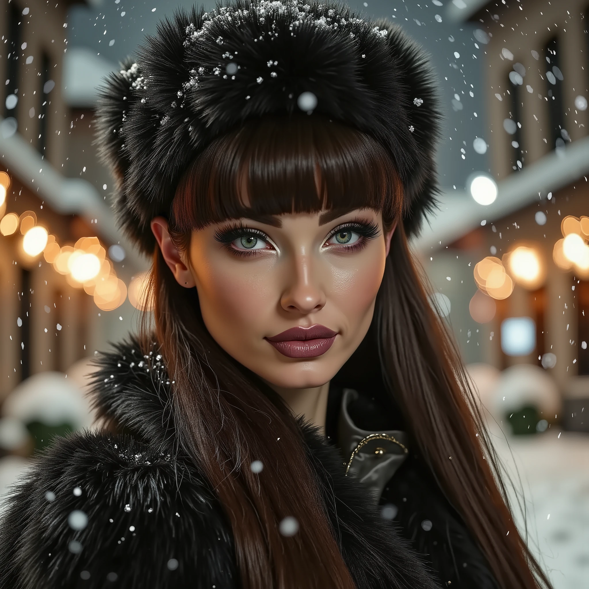 a portrait of a woman with dark hair and piercing eyes, wearing a fur coat and hat, her makeup is subtle and seductive, standing in the snow with christmas lights in the background, wet gouache painting, winter scene, (best quality,4k,8k,highres,masterpiece:1.2),ultra-detailed,(realistic,photorealistic,photo-realistic:1.37),intricate details,cinematic lighting,warm color tones,dramatic shadows,dramatic lighting,chiaroscuro,atmospheric,moody,enchanting,mesmerizing