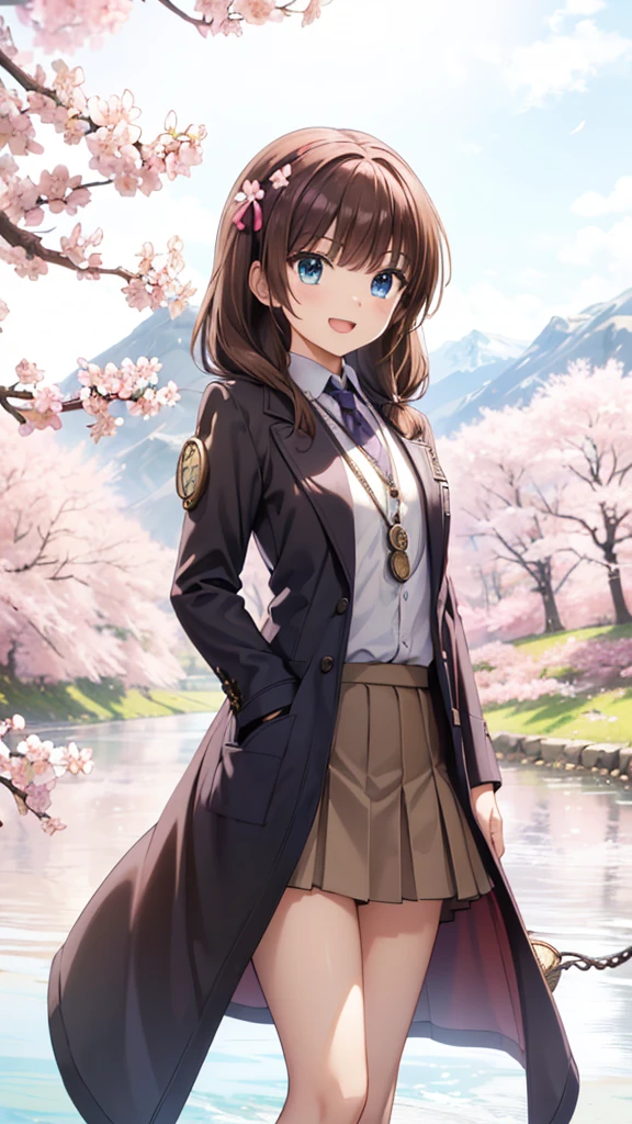 very beautiful teenage girl,(16k, super high resolution , top quality,masterpiece, super detailed, Highly Detailed Facial Features,  perfect face,  Perfect Eyes , anatomically correct body), Straight hair& high twintail,blue eyes, hair between eyes, ((light brown hair:1.3)), school uniform, white shirt,break,brown pleated skirt,break, purple tie,black coat, Tree Eyes,((:d:1.3)),((cherryblossom tree:1.3)),((mountain & small river at the back of the screen:1.3)),front shot, looking at camera,standing on stone bridge,looking up, lots of small birds flying in the sky,((Pocket watch:1.3))