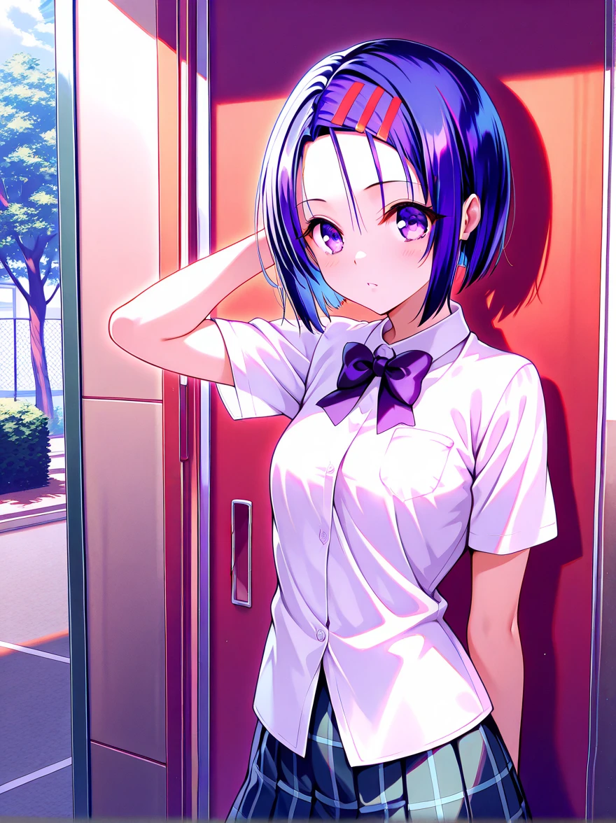  Masterpiece ,  top quality,  score_9,  score_8_ up,  score_7_ up, break, One Girl ,Haruna Sairenji \(ToLOVEru\), Blue Hair, blue eyes,Short sleeve blouse, school uniform,