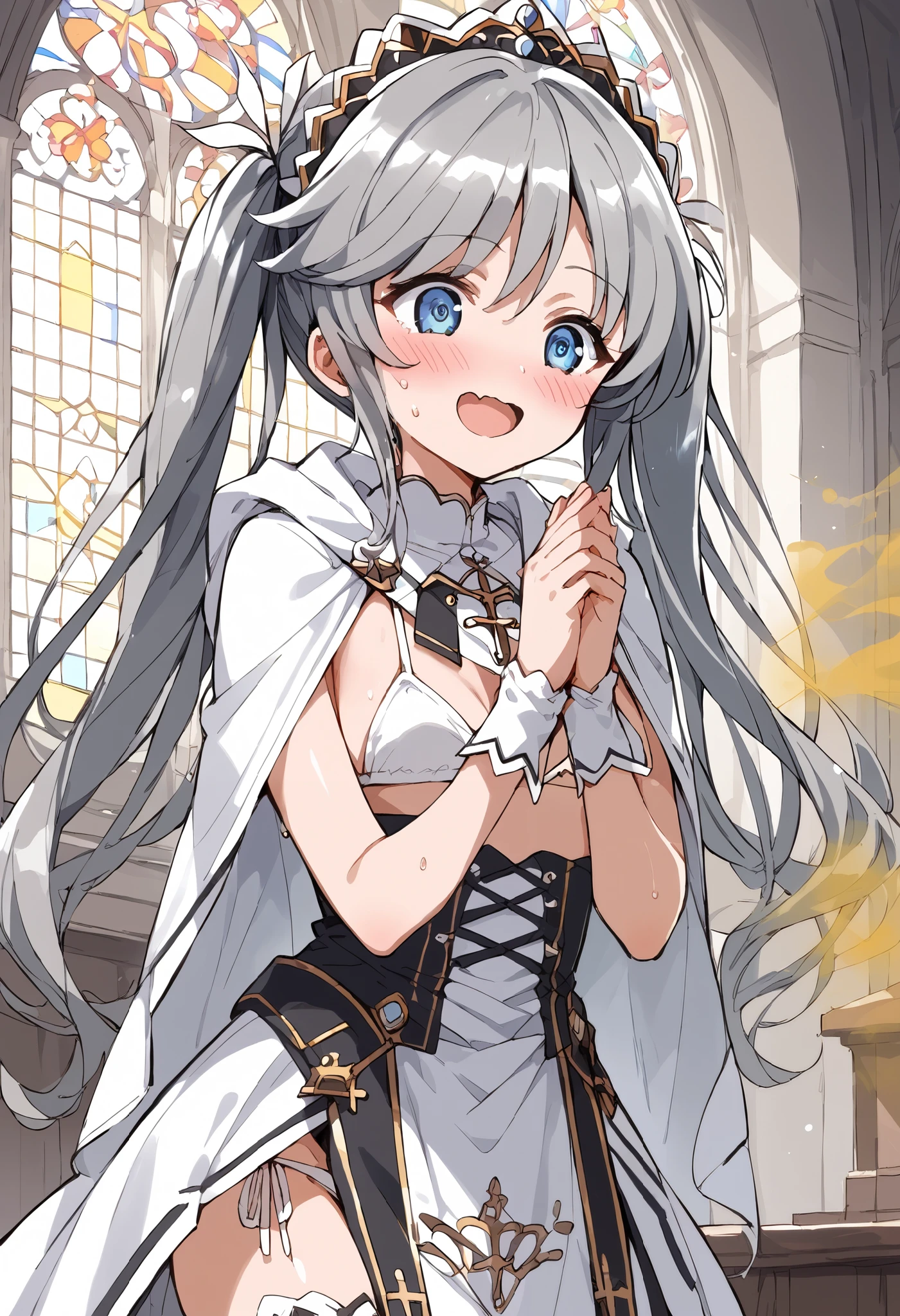 masterpiece, best quality, absurdres, highres, newest, score_9, score_8_up, score_7_up, source_anime, 1girl, solo, long hair, grey hair, blue eyes, twintails, tiara, hair ornament, bikini, wristbands, detached collar, waist cape, thighhighs, praying, open eyes, indoors, church, light, sunlight, open mouth, sweat, smile, happy, @_@, wavy mouth, blush, trembling, shaking, shiny skin, bend over, ((fart)), ((farting)), anime coloring,