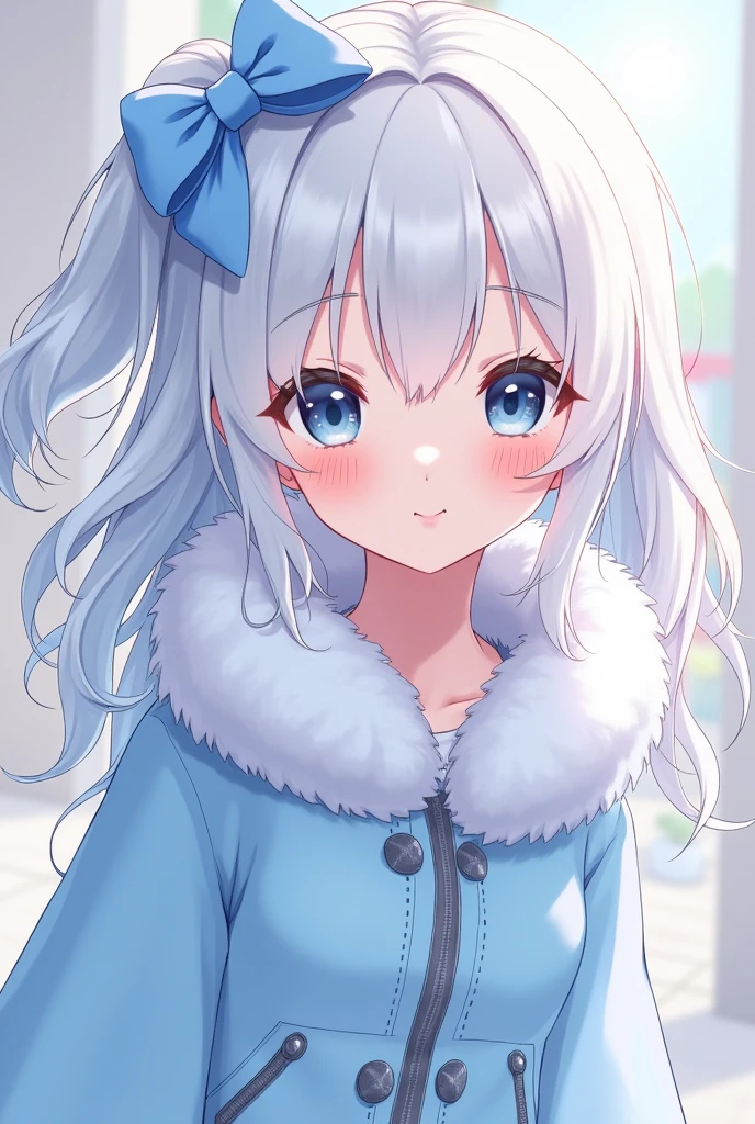 An anime girl with long white hair and a puffy lightblue jacket and a lightblue head ribbon