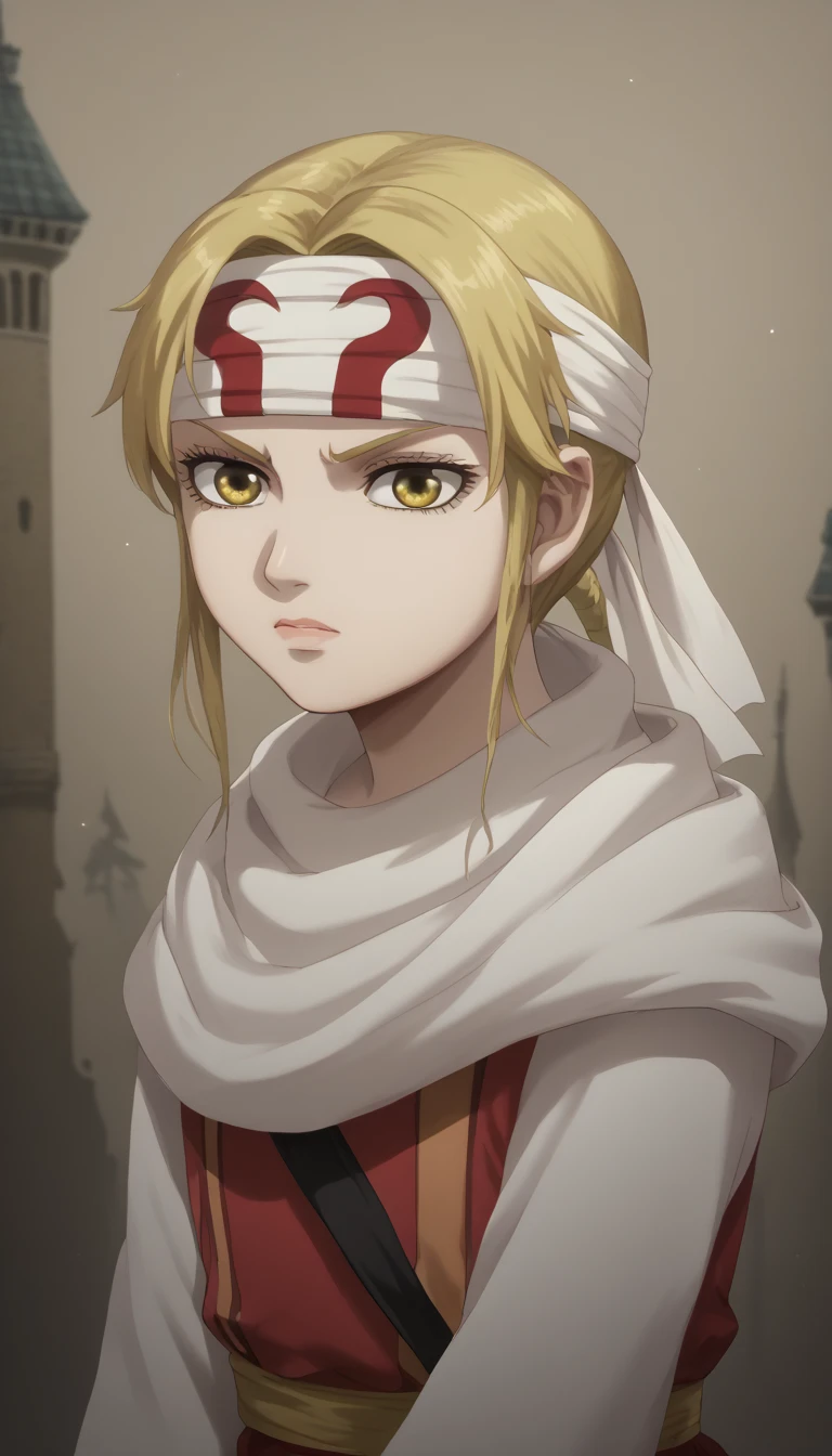  blond hair yellow eyes pony tail (((((((Rachel Tower of God)))))))  score_9, score_8_up, score_7_up, 1girl, kyoukai ((((cowl)))) headband