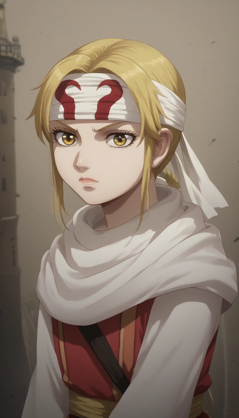  blond hair yellow eyes pony tail (((((((Rachel Tower of God)))))))  score_9, score_8_up, score_7_up, 1girl, kyoukai ((((cowl)))) headband