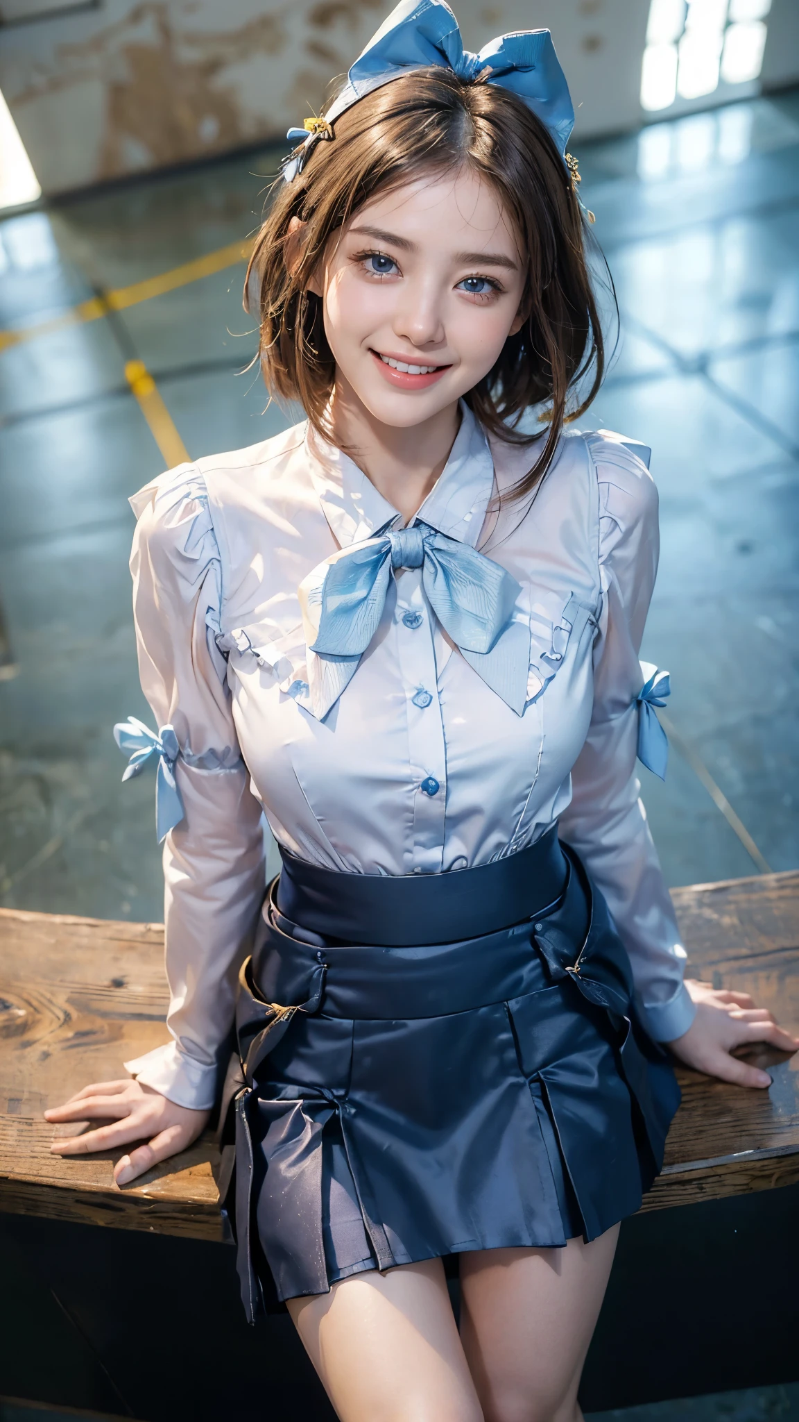 ((Mini pleated skirt in white:1.3)),((a beauty girl:1.3)),((校服:1.4)),((Sheer ruffled blouse:1.4)),((Blue bowtie blouse:1.3))、((in class room:1.3)) ((Thin_textile:1.4)) ((Random sexy poses:1.3)) ((full of sweat:1.5))((Blushing face:1.4)) ((close-up:1.2)) Best Quality,masutepiece,超A high resolution,(Photorealistic:1.4),RAW photogr,(Mature skin texture:1.3),(film grains:1.3),in a panoramic view,Character Portrait,Very wide wide shot,((big breasts thin waist:1.3)),cowboy lens,(Darkness is, deepshadow, low tune, cold light,)Streaming Tears,,Dust,Tindall Effect,(expressions),1girll,beautiful detailed eyes and face,White Jabot,Brown eyes,((long brown head hair:1.2)) ((Nipples are see-through))((Hair reaches the nipples))((full bodyesbian)) ((Smile:1.3)),(((Nice))),Short skirt wrapped around the buttocks,Wear a skirt above the knee