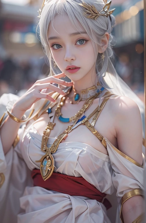Erect nipples, wearing a hijab , luxury hijab,crown luxury , blue eye, blond hair, around 17 years old, (gold ), tmasterpiece,Best quality at best,A high resolution,8K,((Portrait)),(upper body),Original photo,real photograph,digital photography,(Female princess in the medieval fantasy style), sexy princess ,blue eye, super colossal breast, round colossal breast ,open kissing lips,Keep your mouth shuegant and charming,((Blushing)),virgin contempt,Calm and handsome,(Medieval fantasy dress,The Beautiful super huge round breast, small waist, perfect colossal breast of princess body, a blue delicate pattern,silver Cloak),(princes medieval character medieval fantasy style,oc render reflection texture, fighting style, sexy colossal breast , medieval castle background, slim body, very small waist, tall body,