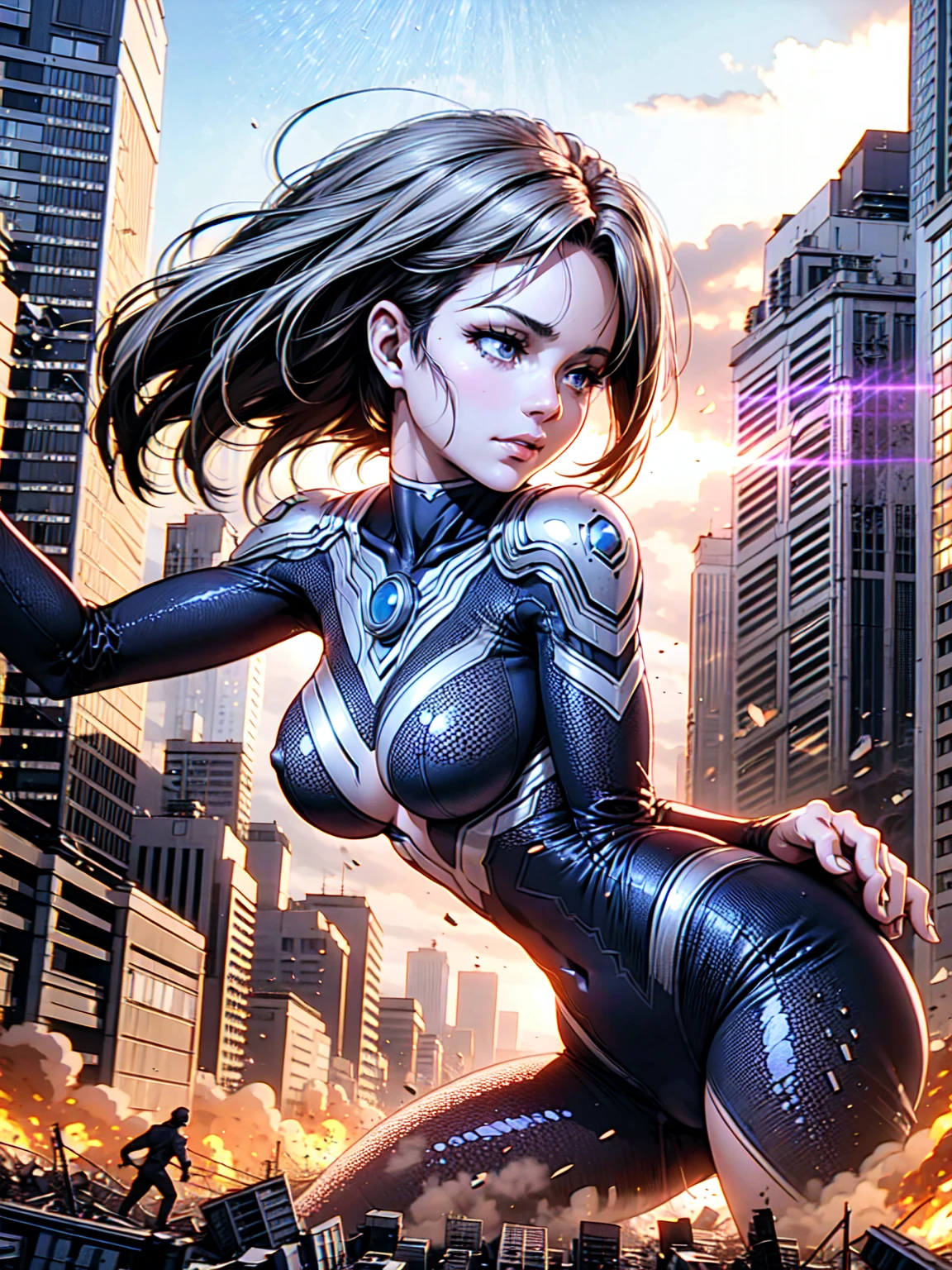 An ultra-detailed 8k manga illustration of an alluring Giantess girl. Her figure is accentuated by the sleek, flawless, porcelain-like skin, ((150 feet height)). She dressed in Ultragirl suit, half-removed that revealing her shoulders, Her breasts, nipple, could be seen through lifted her dress up. The suit clings to her curves, its vibrant silver and red design catching the light in intricate detail. Her bare chest is subtly visible beneath the lifted fabric. Her eyes are heavy-lidded, brimming with intensity and purpose, Her lips may part slightly, moist and inviting, soft smile plays across her face. Her pose is relaxed yet intentional, capturing the intimate moment as she begins to shed her heroic armor, blending the iconic Ultraman aesthetic with an irresistible, human sensuality. cinematic, dramatic lighting, volumetric fog, cinematic camera angle, intricate details, sparks and debris, city skyline in background, (best quality,4k,8k,highres,masterpiece:1.2),ultra-detailed,(realistic,photorealistic,photo-realistic:1.37). (((fighting with monsters, Battle, death struggle, monsters attack, side view.)))