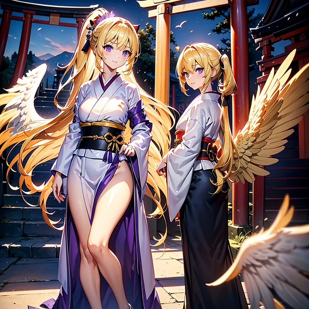 "Game character illustration 1.6,"An elegant kimono in refined shades of white and black,In front of the torii gate of a Japanese shrine, complemented by a bright smile." a petite girl, highest quality 1.3, Alone, (long side ponytail 1.2) ((highest quality)) (((single))) (anatomically correct)  (delicate hands) well-proportioned thighs 1.1, fallen angel, (like) ((large white angel wings)) ((long Blonde hair 0.7)) ((Blonde))((purple eyes))