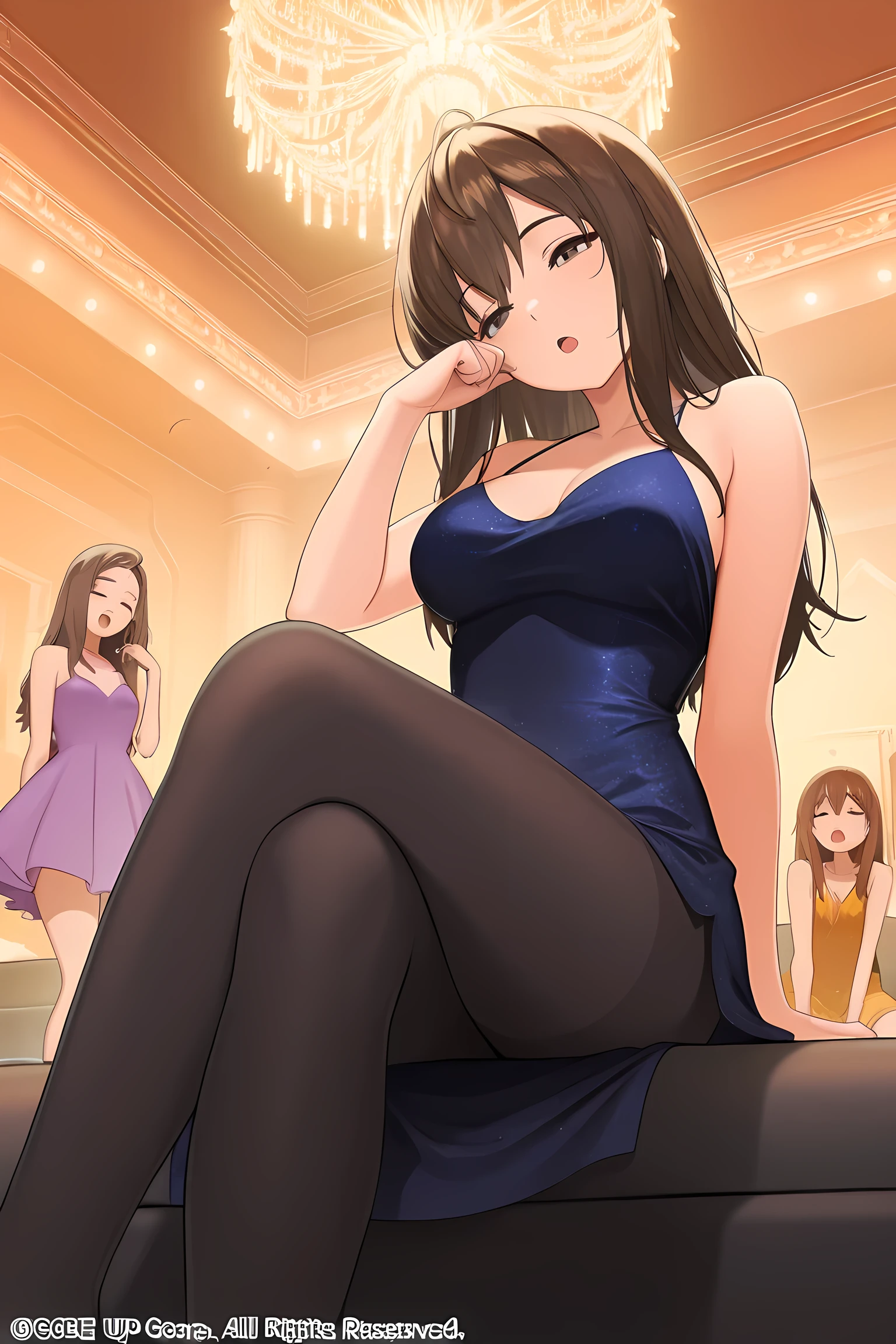 masterpiece, best quality, 3girls, {sleepy:2.0}, black tights, open mouth, party dress, {eyes open:4.0}, club, official art, brown hair, long hair, sitting, head tilt, detailed eyes