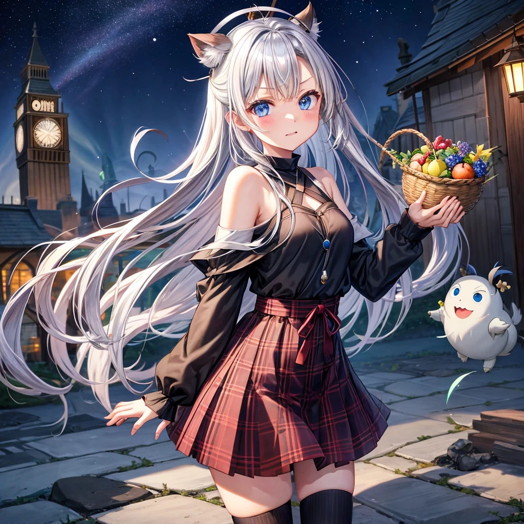 Chestnut Hair、 blue eyes、 with hair tied、Two cute、 plaid miniskirt to make up for embarrassment、 BLACK T-SHIRT、 Long Sleeve 、 light clothing、 dress、 camisole、 high socks、Teeth are visible、The stone is cracked、The road is curved、Mountain々、diagonal、 monster 、fog、 Aurora、moon、star、night、Darkness、Gust of wind、Bonfire、 fruit basket 、sugar、 crossed legs 、Sticking together、Clock Tower、silver、Musashi、The marble ground is reflecting、tunnel、A light that seems to disappear、 looking back、 colorful 、boiling